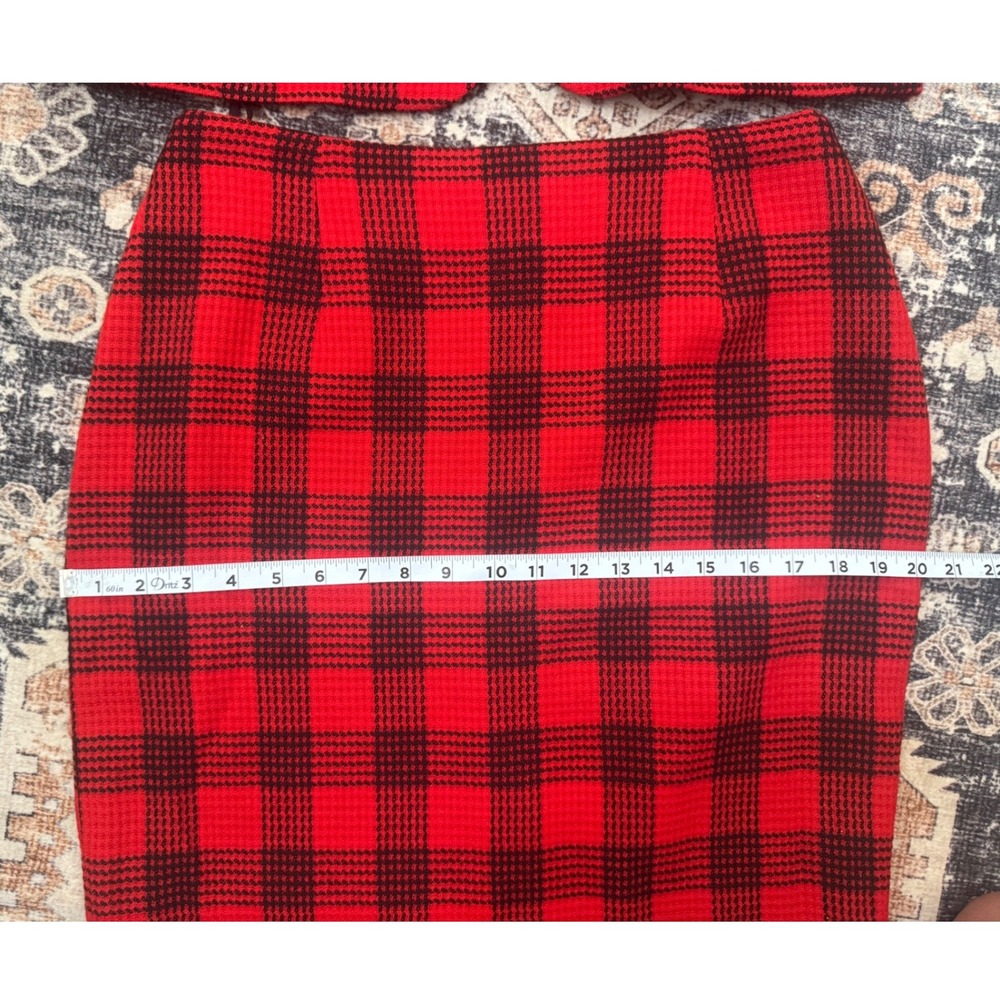 Vintage Focus-2000 Red Black Plaid Wool Skirt Suit Blazer Set Size‎ 10 Retro - Picture 8 of 9